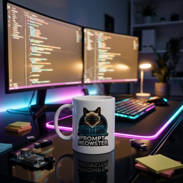 KI Tasse für Programmierer Motiv Prompt Meowster Siamkatze.