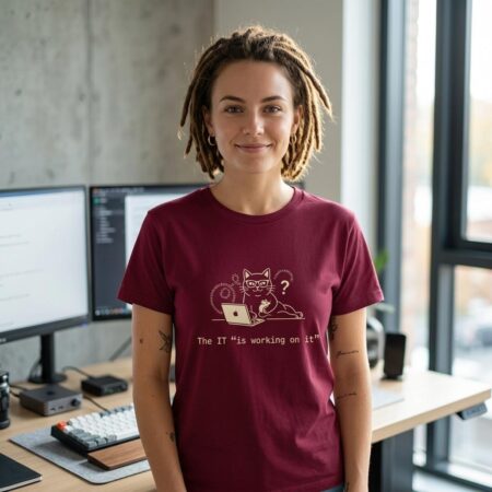 Katzen Geschenk für Programmierer: Gildan 64000 Softstyle T-Shirt mit dem sarkastischen Design der liegenden Katze vor dem Laptop von The Geek Cat.